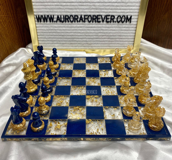Navy Blue and Gold Leaf Chess Set